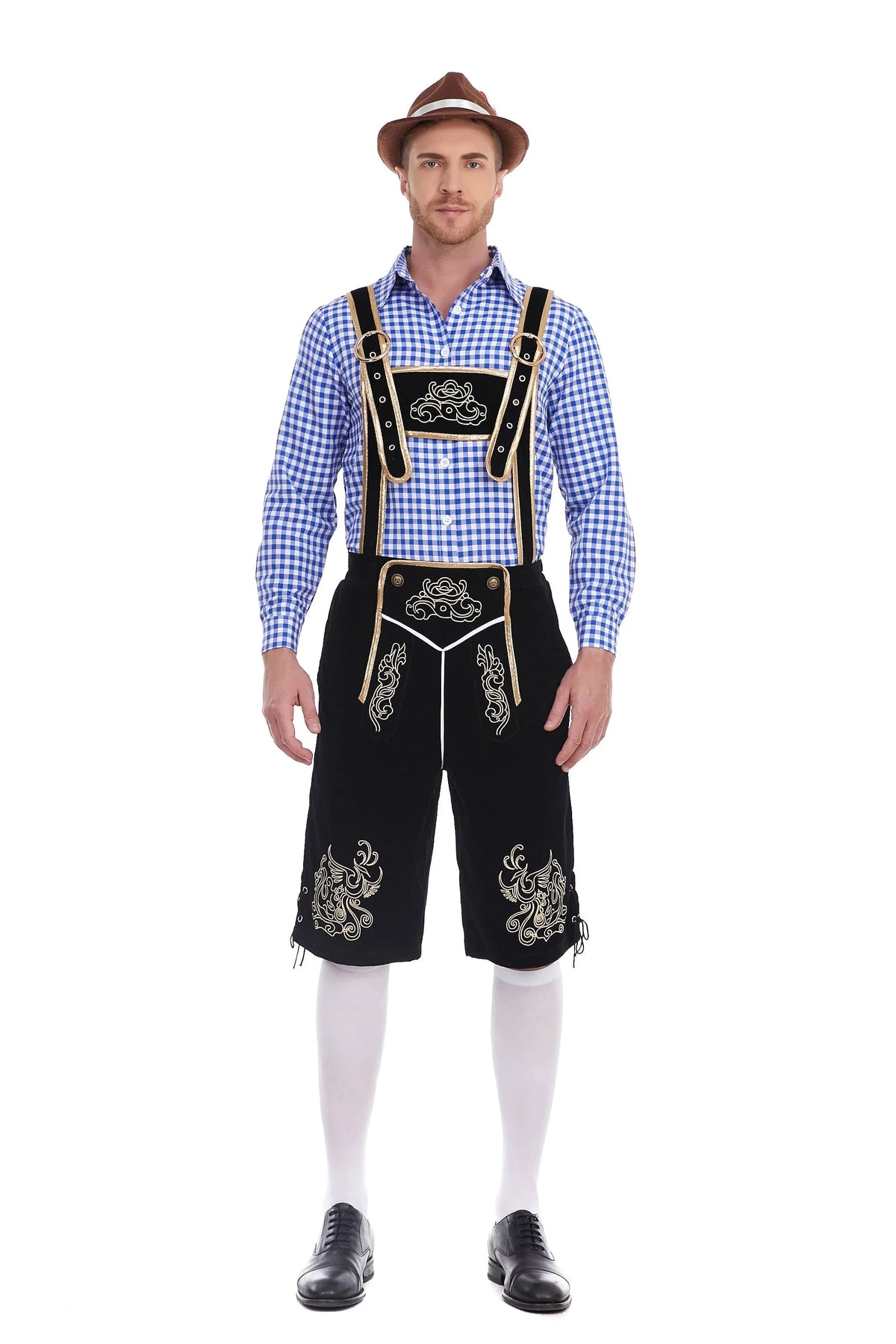 Men's Oktoberfest Lederhosen costume with suspenders, shirt, and hat, featuring traditional Bavarian German festival attire.