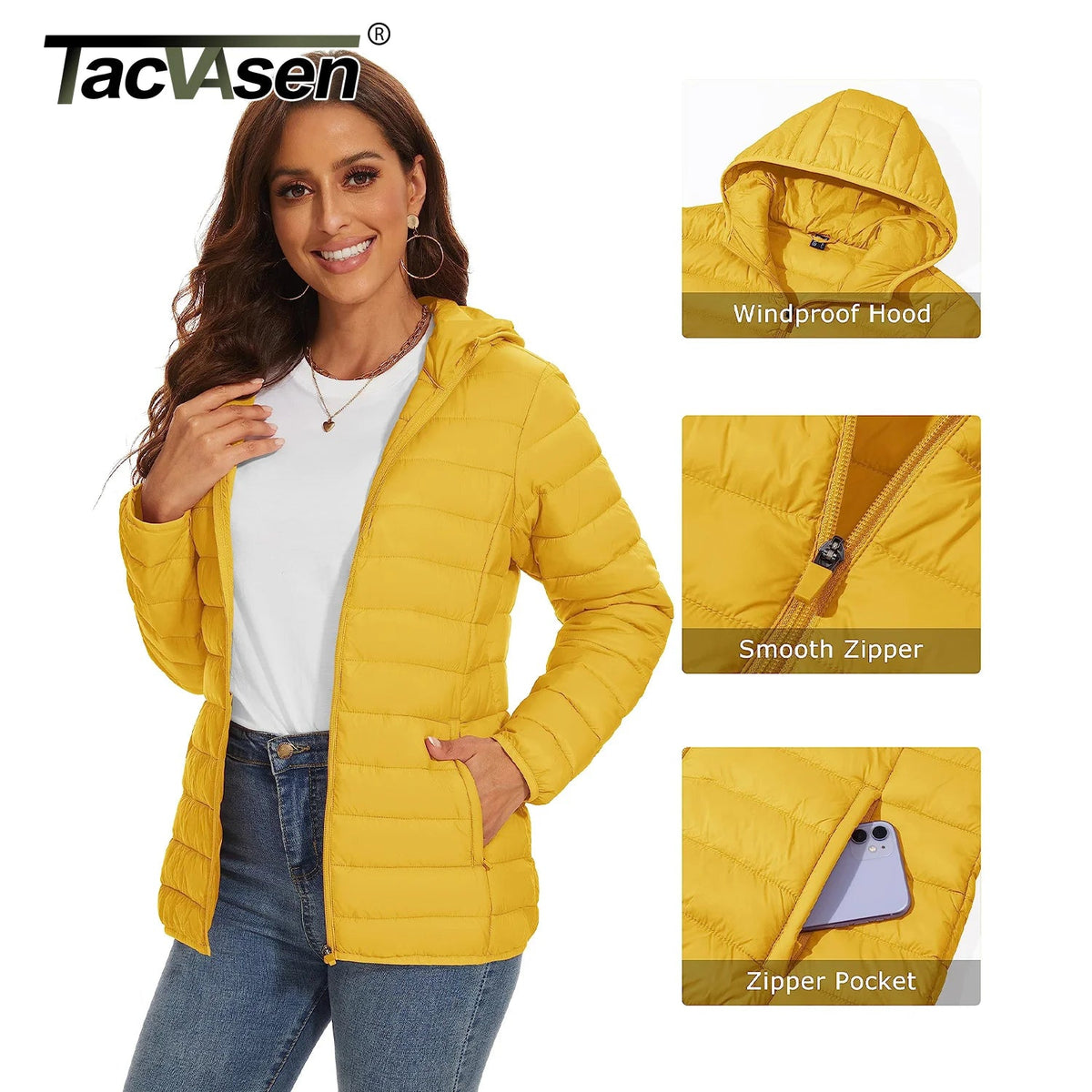 Warm puffer hooded women's quilted jacket with multiple pockets, waterproof, lightweight down coat by The Clothing Company Sydney.