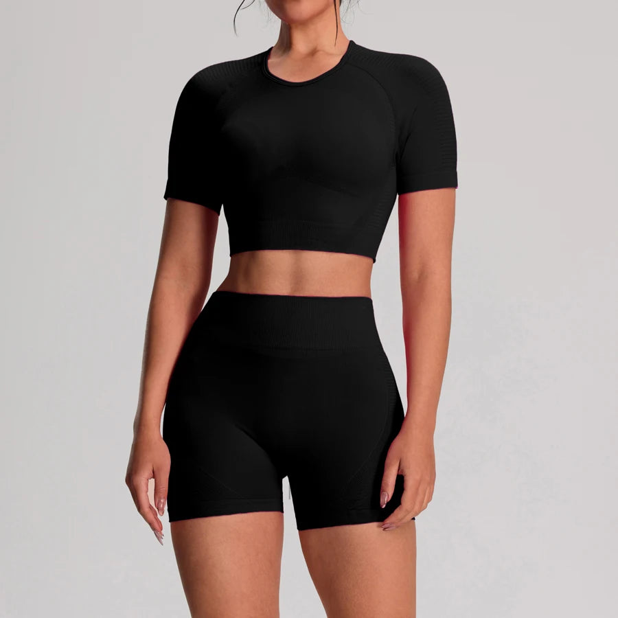 Women's fitness yoga sport T-shirt and shorts set from The Clothing Company Sydney, seamless workout vest and bike shorts activewear