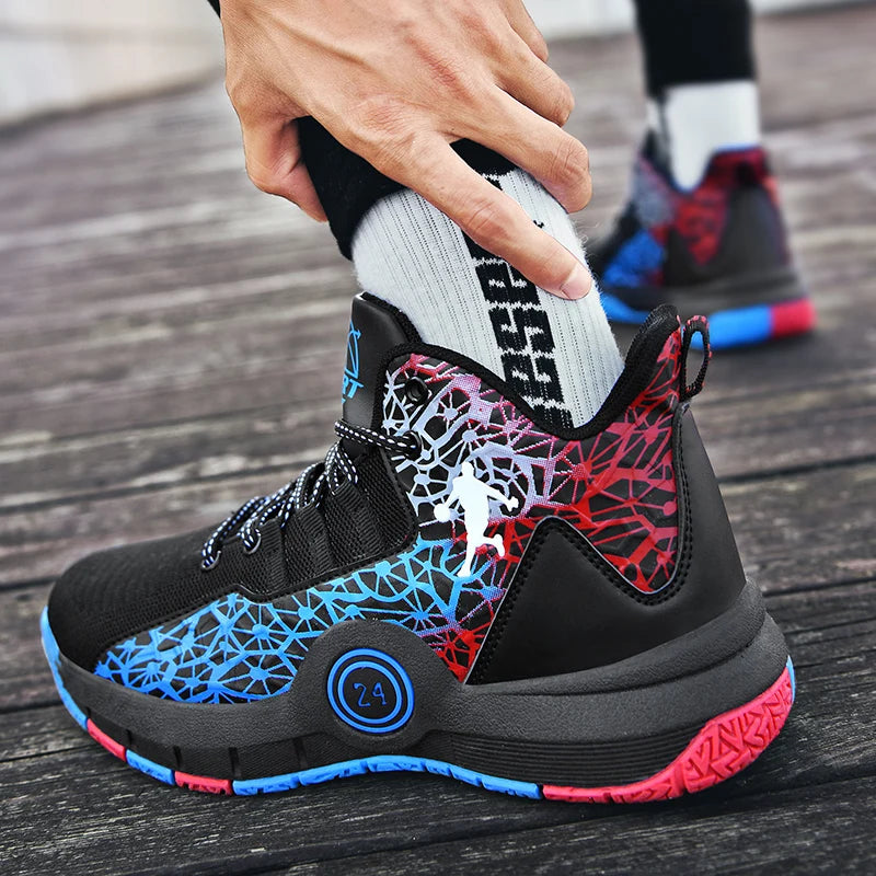 High-top basketball shoes from The Clothing Company Sydney featuring non-slip soles and breathable sneakers for athletic comfort.