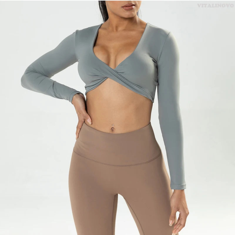 Long sleeve gym crop top by The Clothing Company Sydney, deep V neck, twist design, quick dry fabric, padded sports fitness yoga top