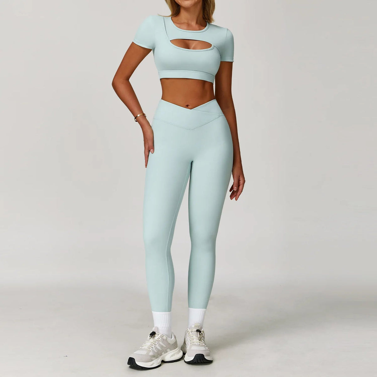 Two-piece women's fitness yoga and workout set with sports bra and leggings from The Clothing Company Sydney, suitable for gym and running.
