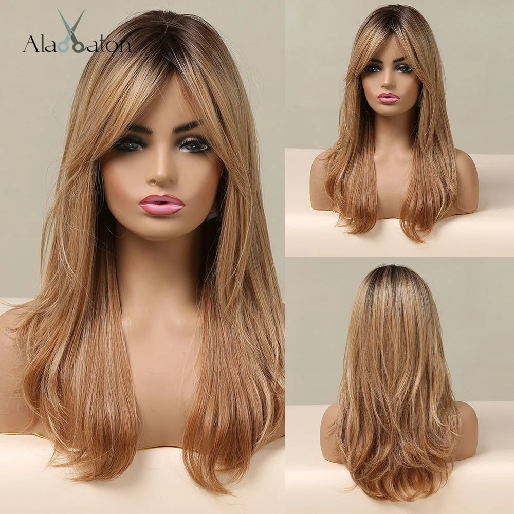 Long layered black and pink ombre synthetic wig with straight style, perfect for cosplay and women's accessory fashion.
