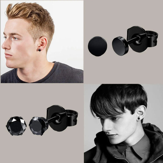 3-8mm Small Black Silver Colour Earrings Stone CZ Crystal Ear Studs Surgical Steel Cubic Unisex Accessories - The Clothing Company Sydney