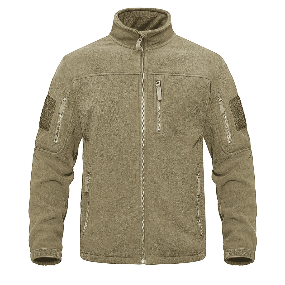 Green tactical fleece jacket by The Clothing Company Sydney, featuring full zip, warm thermal lining, multiple pockets, and windbreaker design.