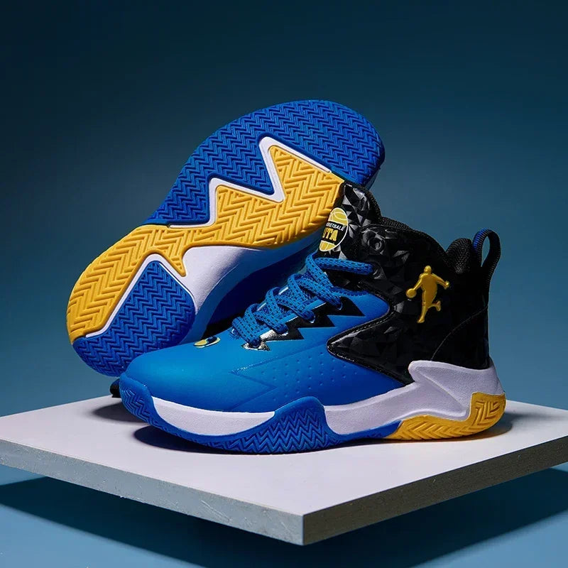 Kids basketball shoes by The Clothing Company Sydney featuring breathable fabric and non-slip rubber soles.