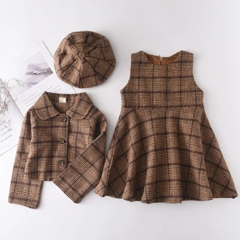 Kids girls plaid vest dress and coat set by The Clothing Company Sydney, perfect for spring and autumn outdoor outfits.