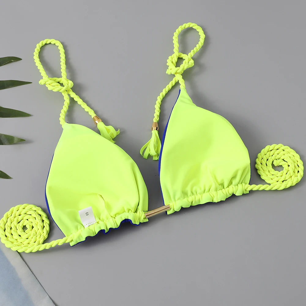Solid triangle string bikini swimsuit by The Clothing Company Sydney featuring a two-piece thong design for summer beachwear.