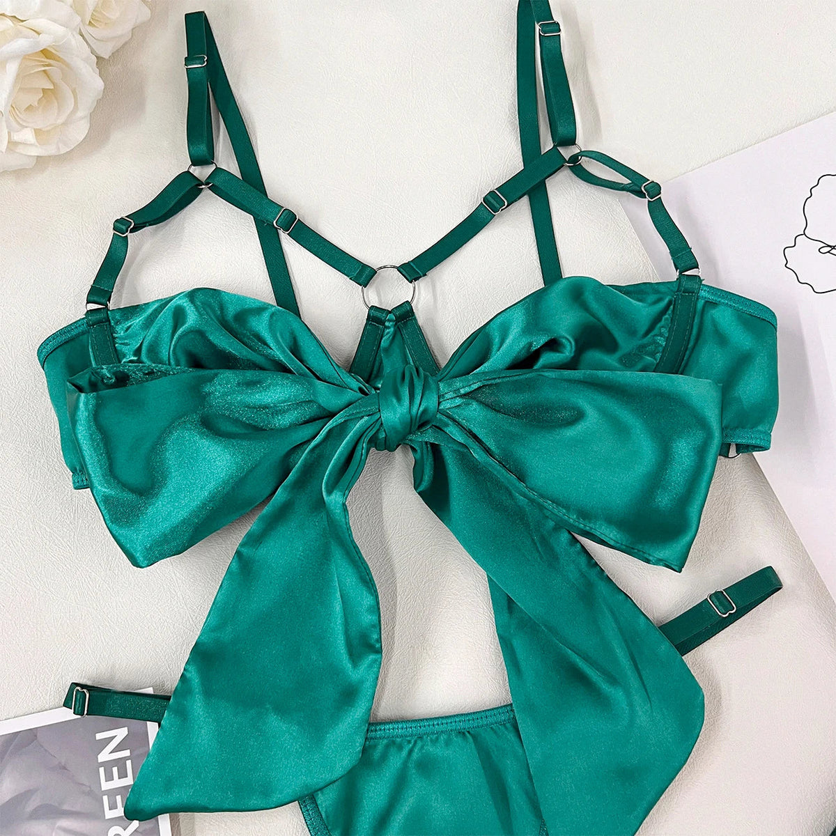 Bowknot Lingerie Open Bra Lace Up Underwear 3-Piece Satin Outfit Set The Clothing Company Sydney