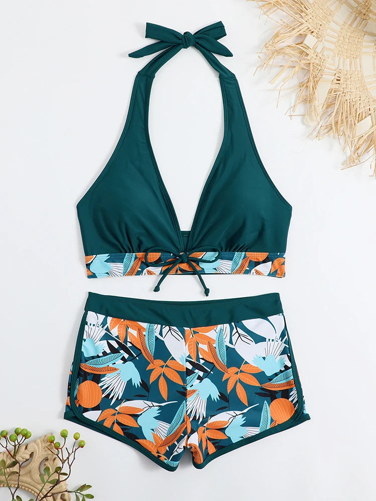 2 Piece Halter Bikini Set Shorts Swimsuit High Waist Swimwear Female Printed Bathers Swimming Bathing Swim Suit Beachwear - The Clothing Company Sydney