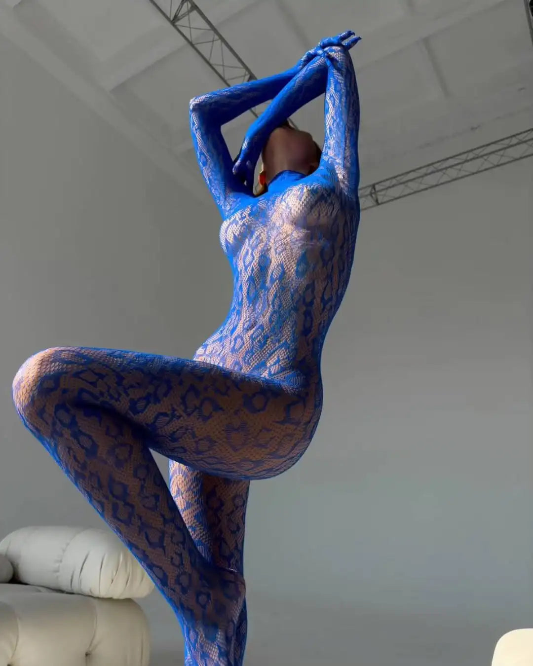 Backless sheer long sleeve jumpsuit by The Clothing Company Sydney, featuring a one-piece cosplay lingerie outfit for adults.