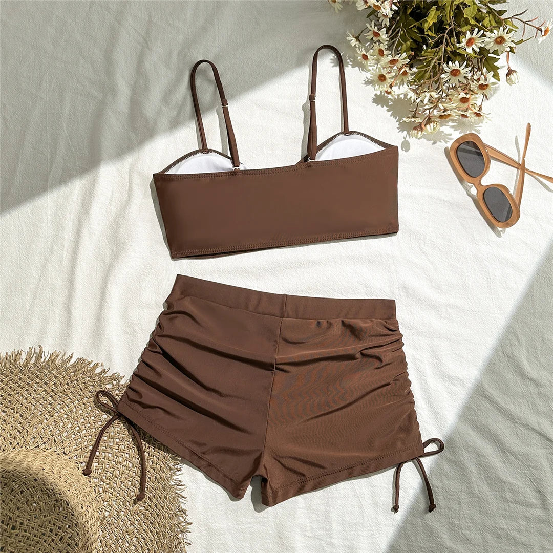Wrinkled knotted high waist bikini set by The Clothing Company Sydney, women's two-piece swimsuit for swimming and beachwear.