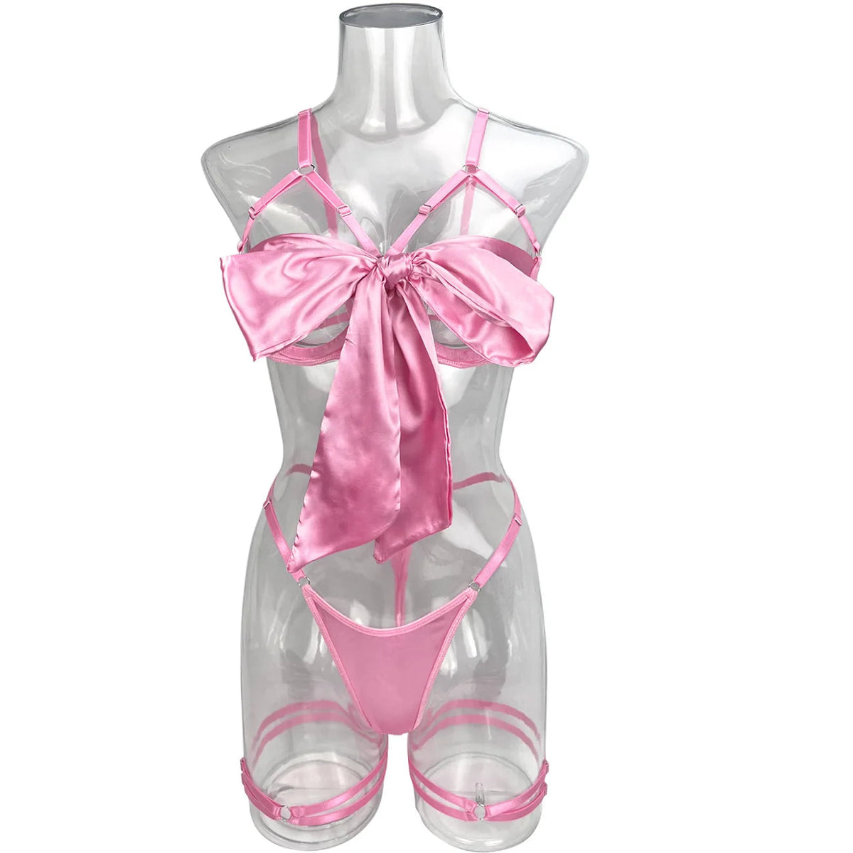 Bowknot Lingerie Open Bra Lace Up Underwear 3-Piece Satin Outfit Set The Clothing Company Sydney
