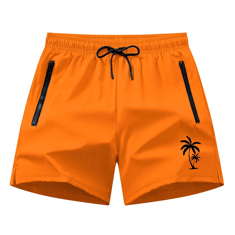 Men's palm tree print board shorts by The Clothing Company Sydney with quick-dry fabric, mesh liner, zipper pockets, ideal for beachwear.