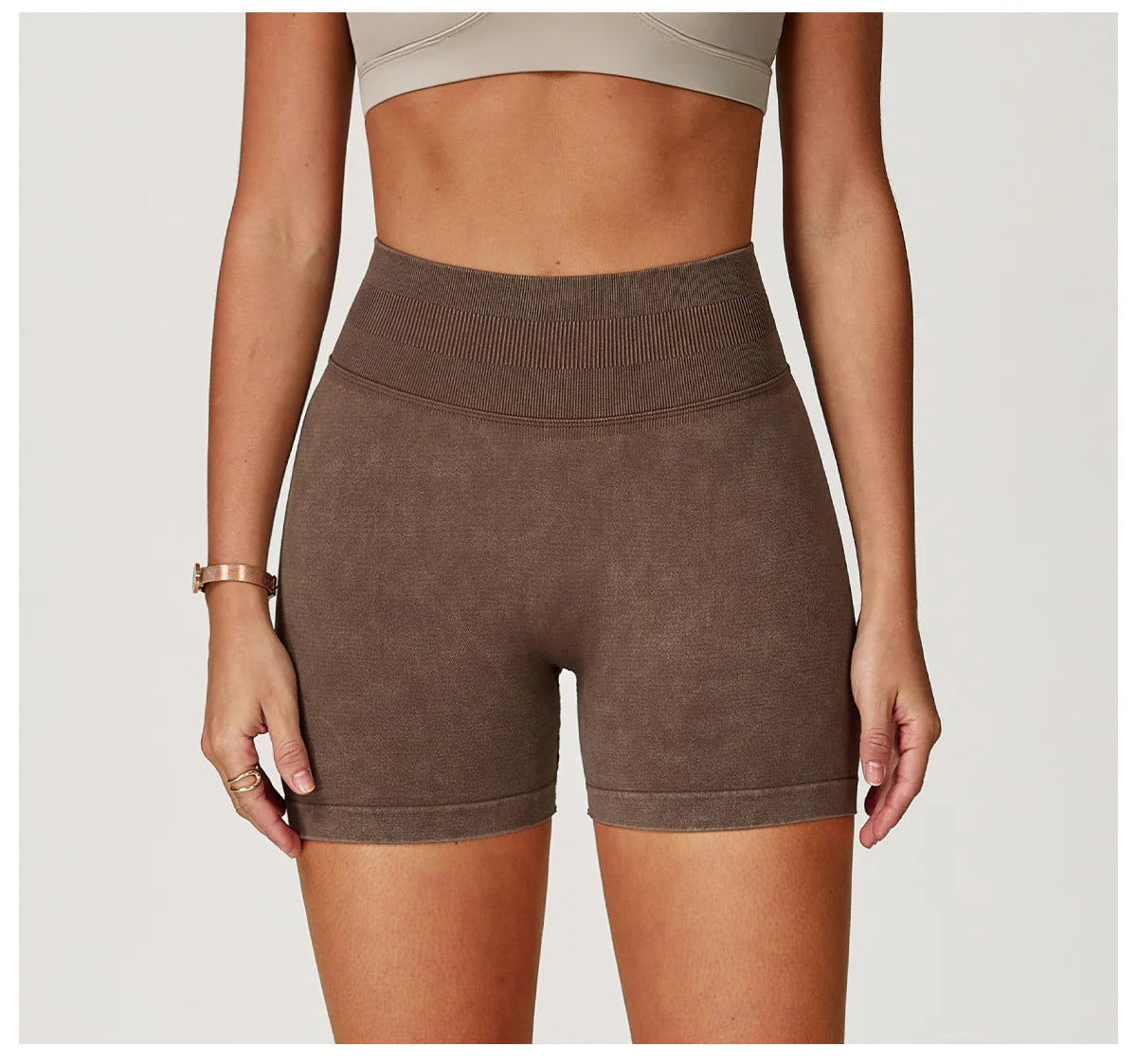 Sand-washed high waist yoga bicycle shorts for women by The Clothing Company Sydney, perfect for fitness, workout, and running.