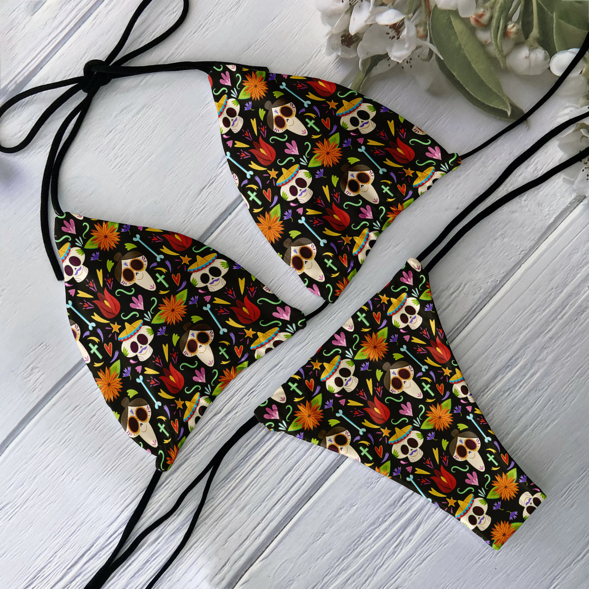Backless 2-piece bikini set for women with skull print, low waist design, perfect for beach, surfing, and vacation by The Clothing Company Sydney