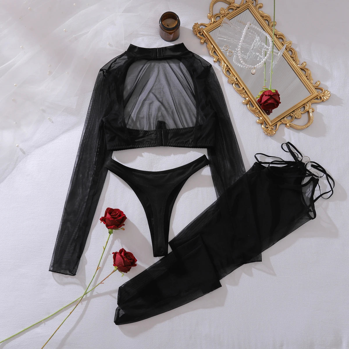 4 Piece Lingerie See Through Long Sleeve Top Brief with Stockings Intimate Party Night Outfit Set The Clothing Company Sydney