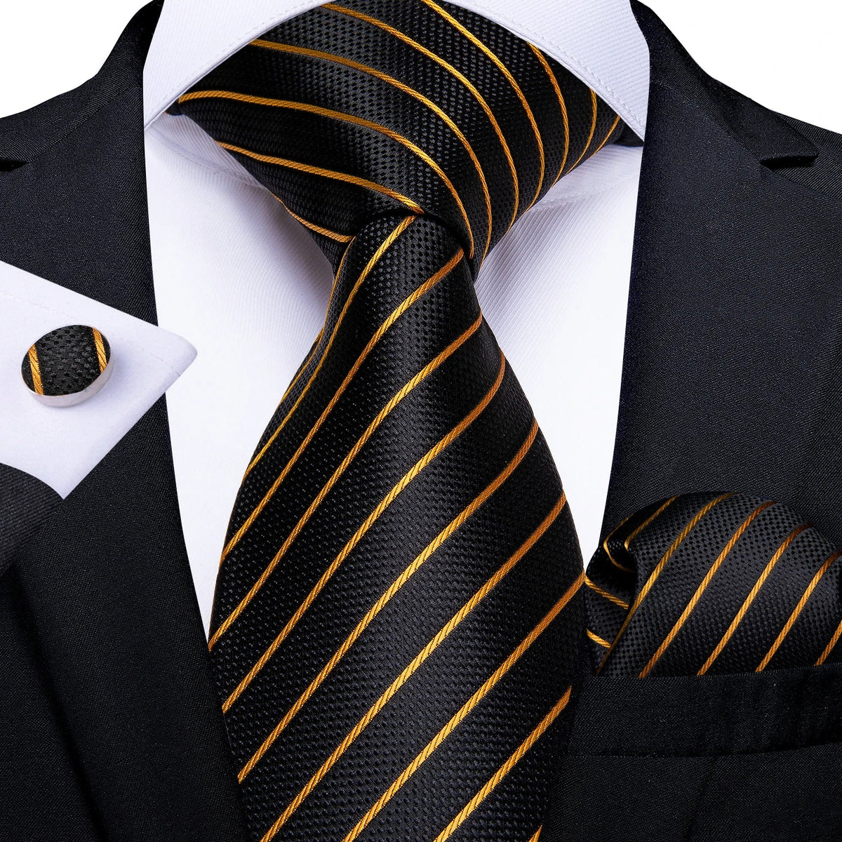 Luxury black and gold paisley silk tie set with matching pocket square and cufflinks, stylish men's accessories from The Clothing Company Sydney.