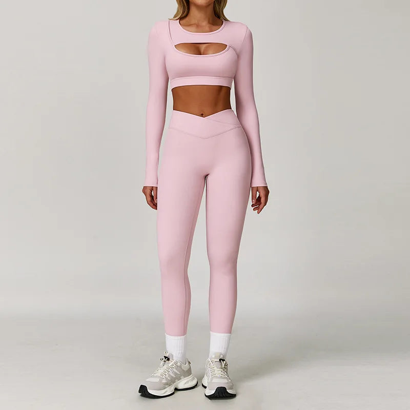 Two-piece women's sportswear set with yoga gym clothes, including sports bra and gym leggings from The Clothing Company Sydney.