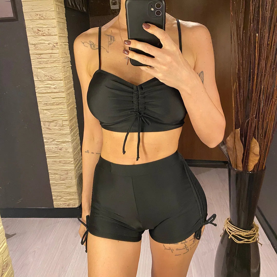High-waist wrinkled knotted bikini set by The Clothing Company Sydney, featuring a stylish two-piece swimsuit for women.