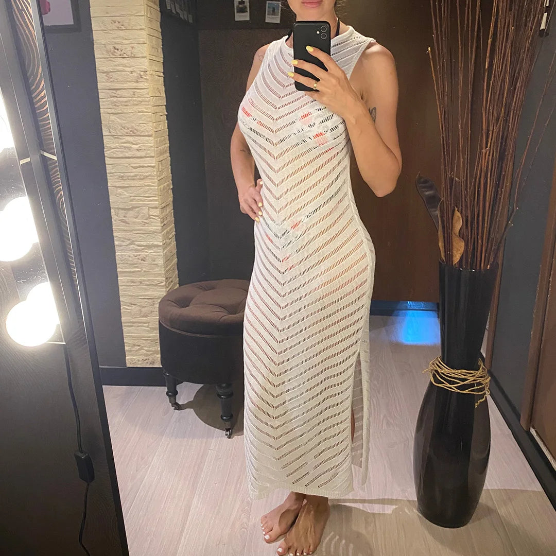 Hollow Out Sleeveless Crochet Knitted Tunic Beach Cover Up Cover-ups Mini Beach Dress Beach Wear Beachwear Female Women V6745 The Clothing Company Sydney