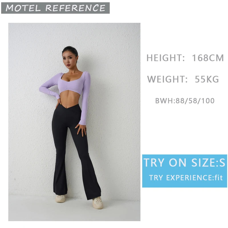 Nylon gym yoga long-sleeved T-shirt with pleated design, women's waist-tight fitness top by The Clothing Company Sydney.