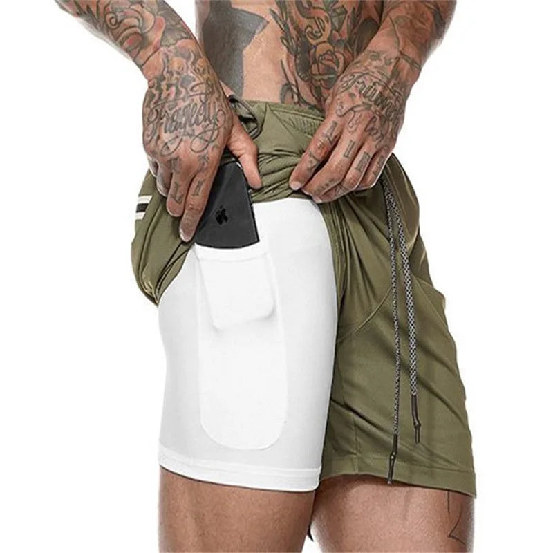 Men's 2-in-1 running shorts with double-layer design, ideal for gym training and beach sports by The Clothing Company Sydney.