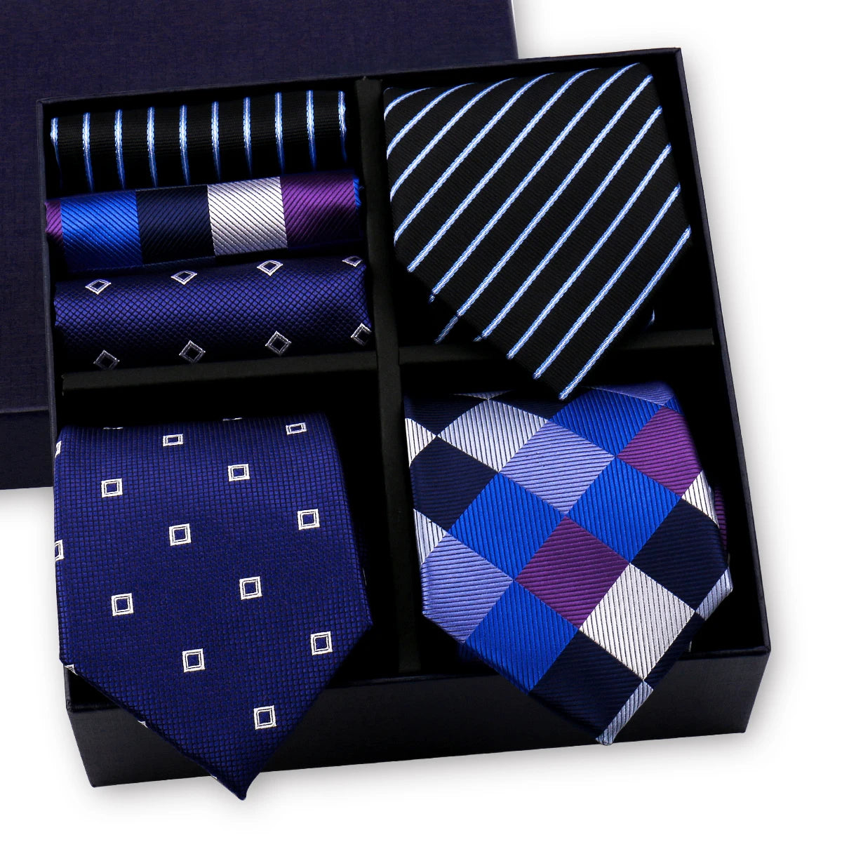 Luxury men's tie set with paisley and striped necktie, matching handkerchief, in a gift box, by The Clothing Company Sydney.