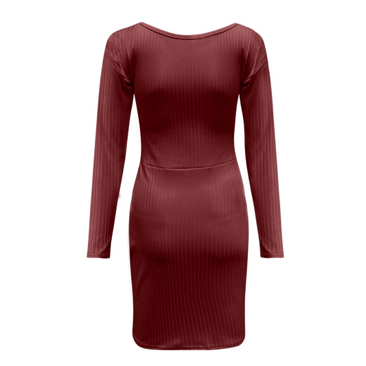 Slim Knitted Solid Color V Neck Long Sleeve Stretchy Short Bodycon Dress Autumn Winter Casual Short Dress The Clothing Company Sydney