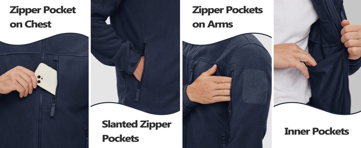 Men's green tactical fleece jacket with full zip, thermal lining, multiple pockets, and windbreaker design for outdoor work and hiking.