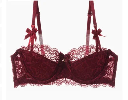 Two-piece pull-up lace bra set with bows, breathable fabric, anti-slip cups, designed for comfort and style in lingerie collection
