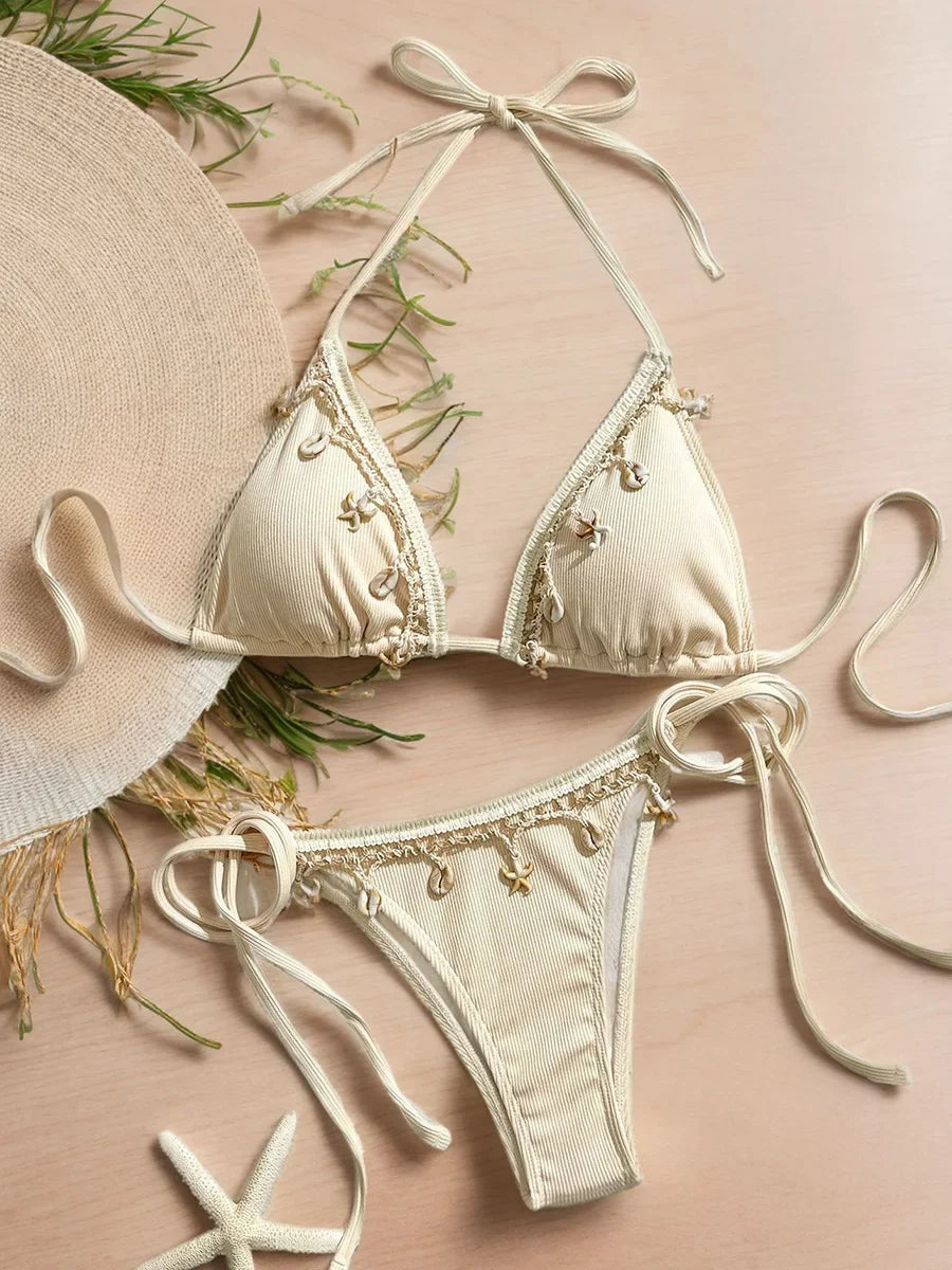 Ribbed shell-themed two-piece bikini set for women with halter straps, from The Clothing Company Sydney, featuring a stylish swimwear design.