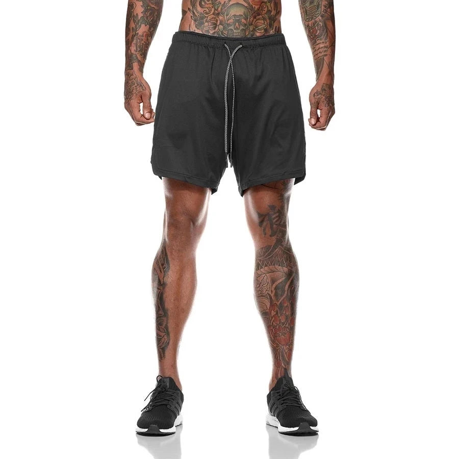 Men’s 2-in-1 running shorts by The Clothing Company Sydney, featuring double-layer gym and beach sportswear, shown on a model.