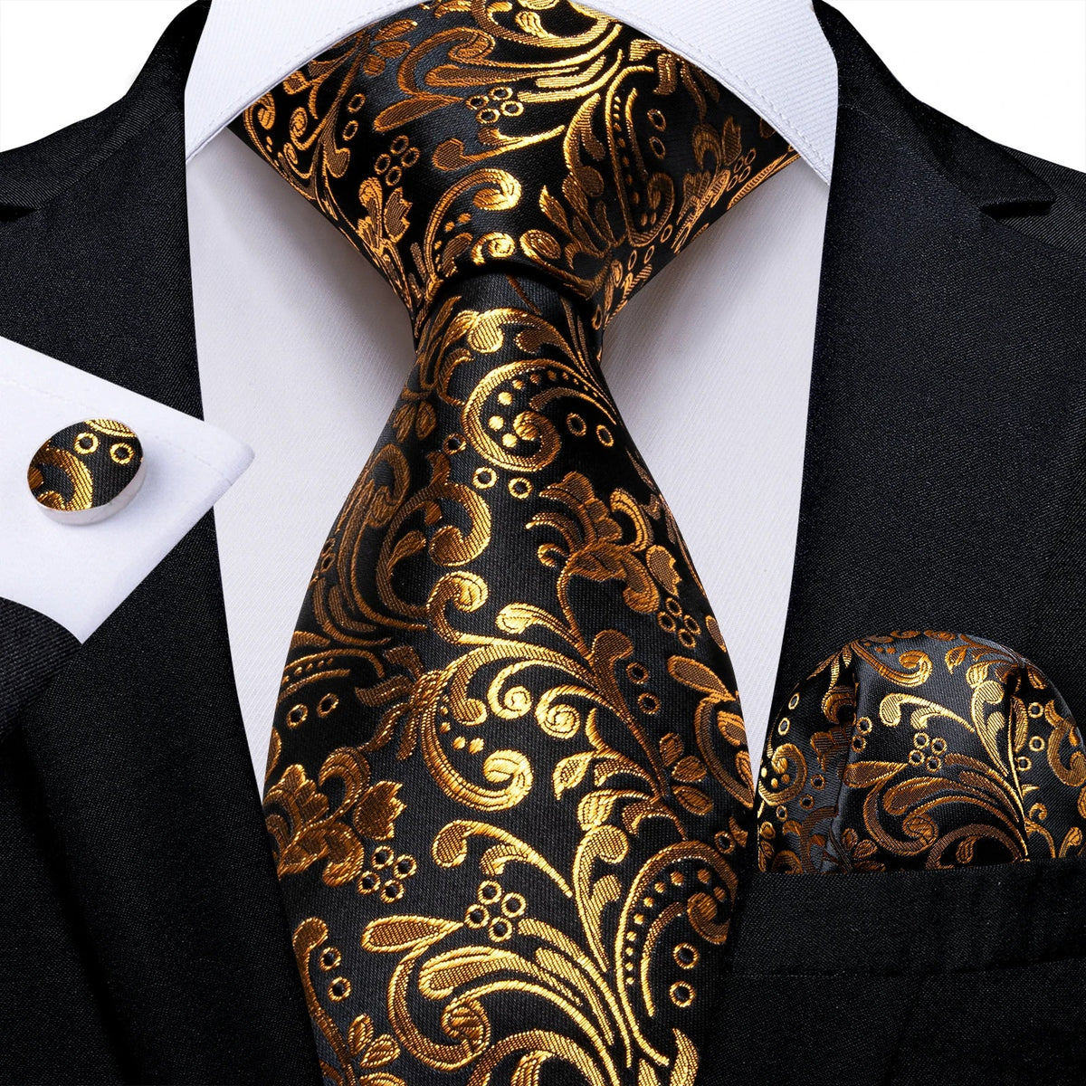 Luxury black and gold paisley silk tie set with matching pocket square and cufflinks, perfect men's accessories by The Clothing Company Sydney.