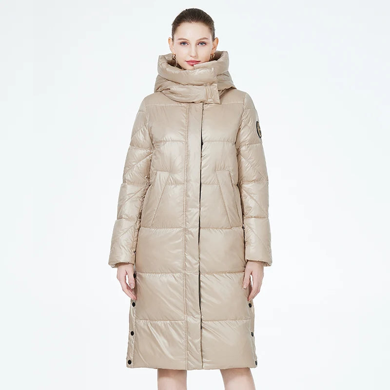 Women’s long hooded winter parka by The Clothing Company Sydney, thick quilted puffer jacket with pockets and cozy insulation.