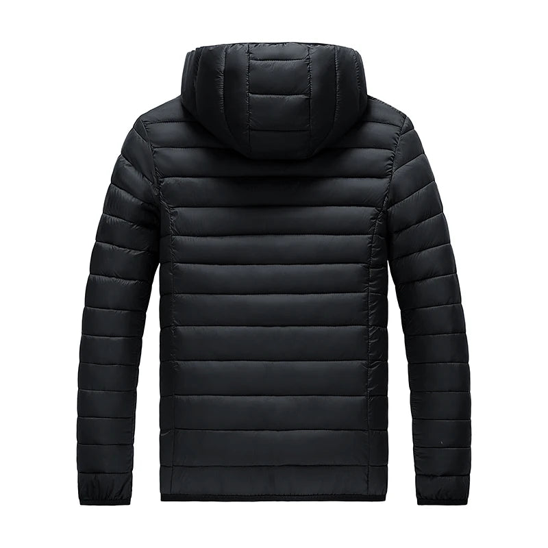 Men's hooded casual puffer down jacket by The Clothing Company Sydney, showing the insulated winter coat with hood and quilted design.