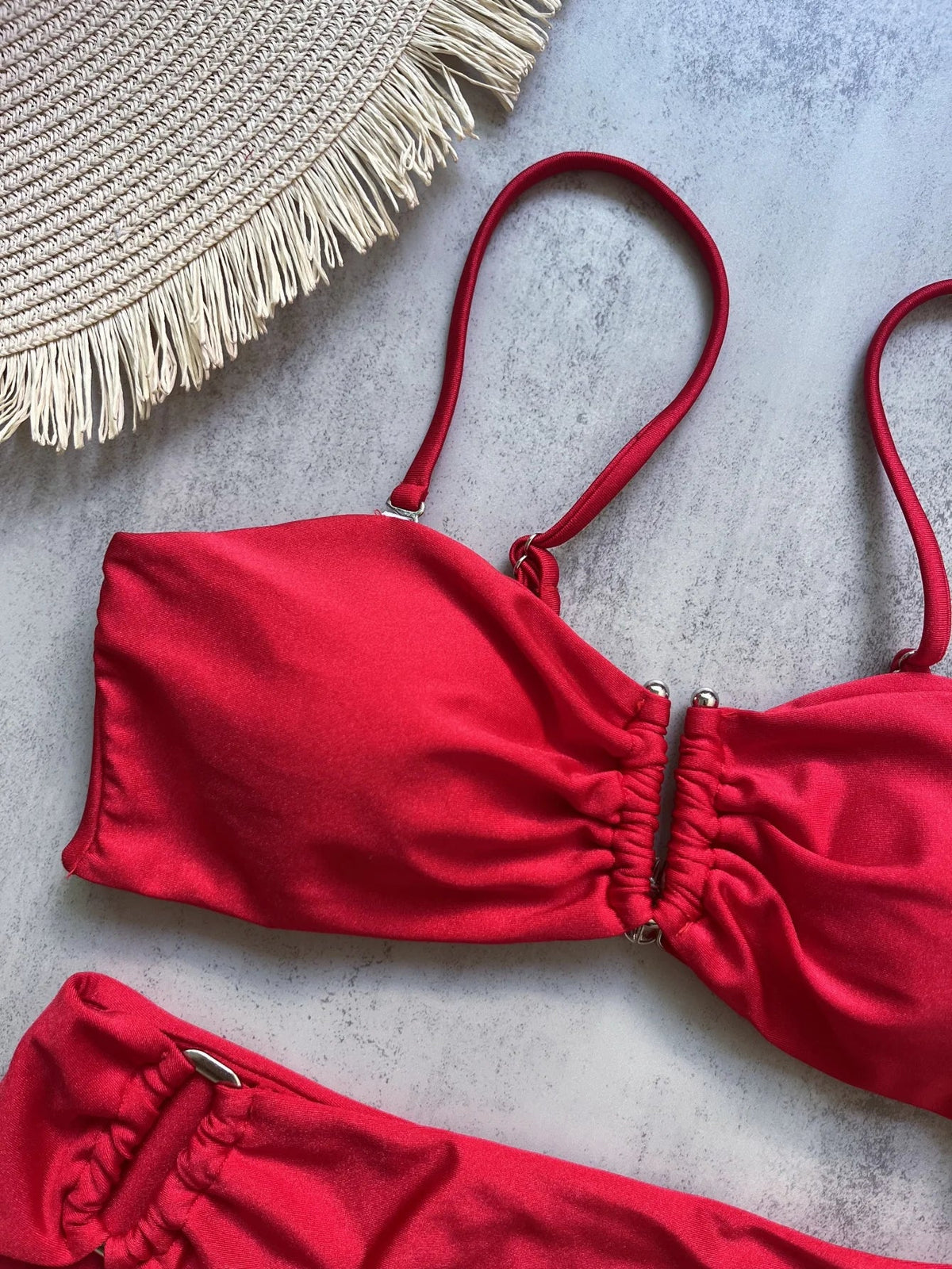 Two-piece bandeau bikini set by The Clothing Company Sydney, featuring push-up top and thong style solid swimwear for beachwear.