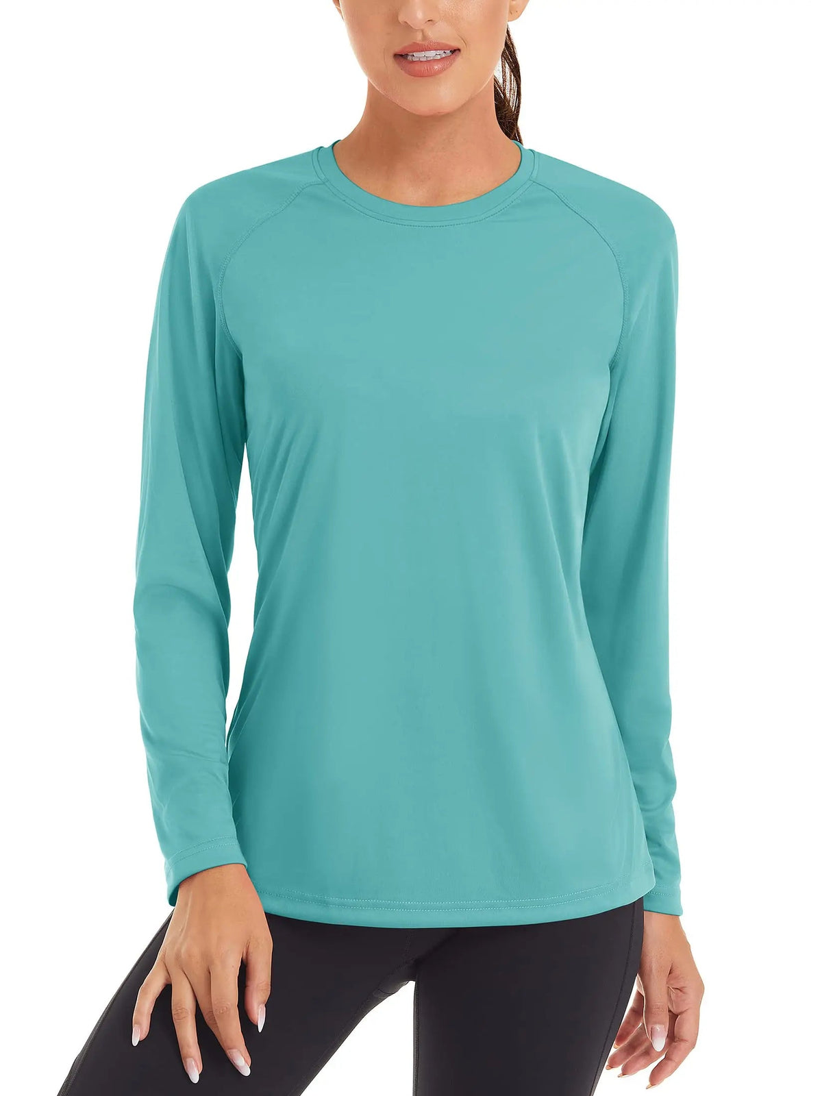 Women's UPF 50+ quick-dry sun protection long sleeve T-shirt by The Clothing Company Sydney, suitable for summer fitness activities.