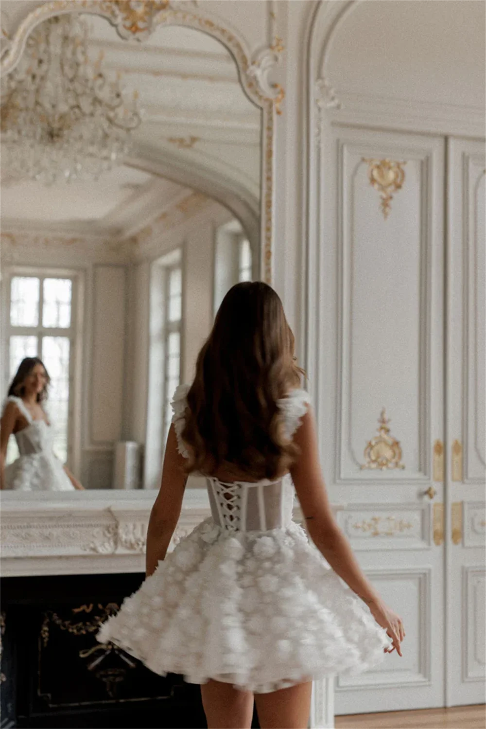 White mini prom dress with flower lace embroidery, sleeveless design, spaghetti straps, and lace-up back by The Clothing Company Sydney