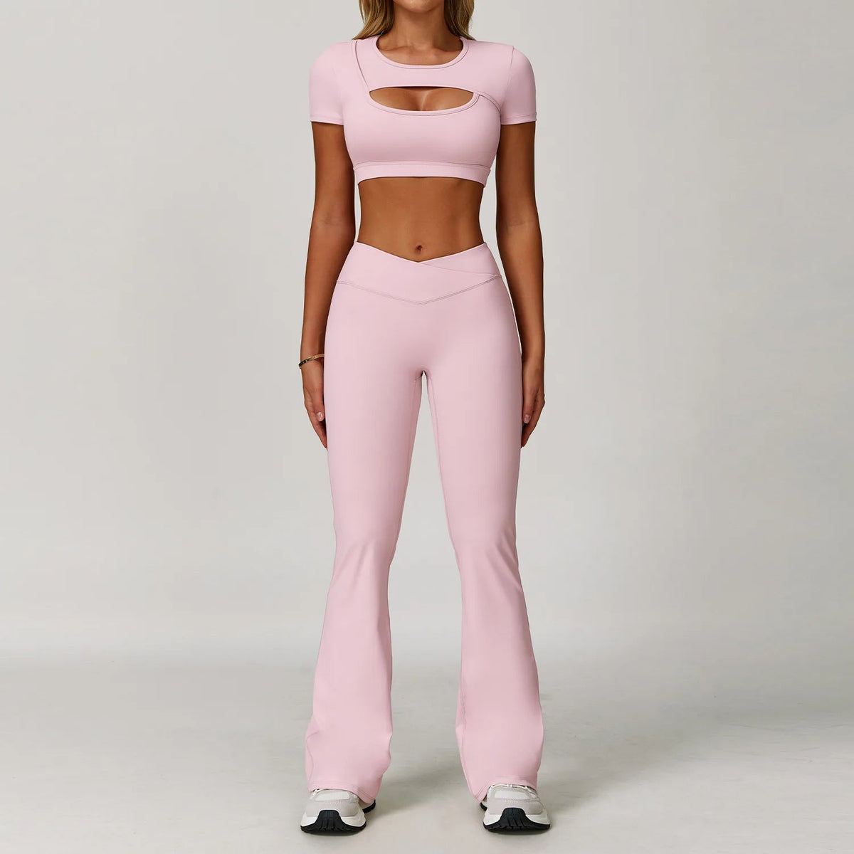 Two-piece women's fitness yoga gym clothes set with sports bra and leggings, from The Clothing Company Sydney, for workout and running.