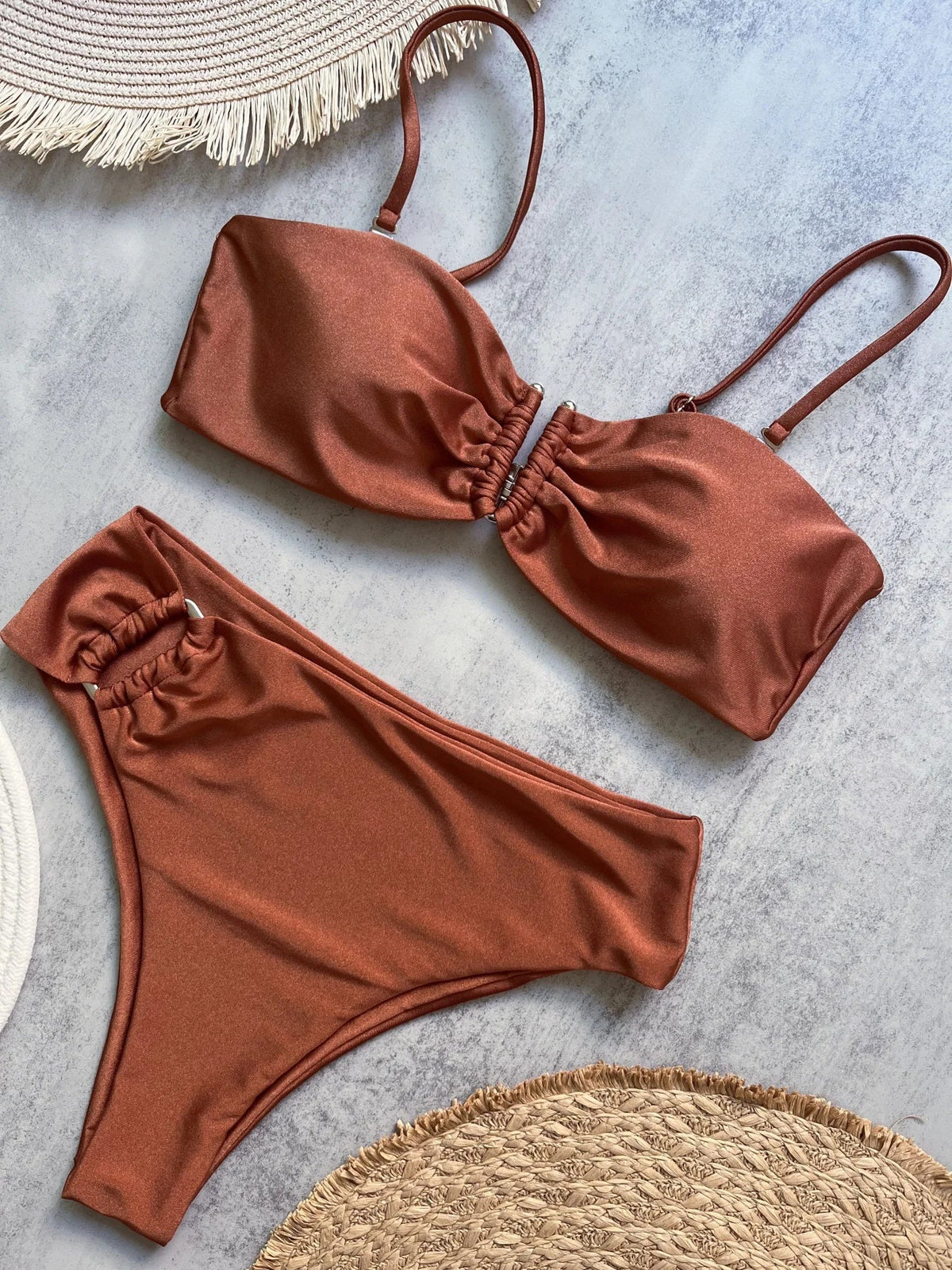 Two-piece bandeau bikini set by The Clothing Company Sydney with push-up design in solid color, perfect for beachwear.