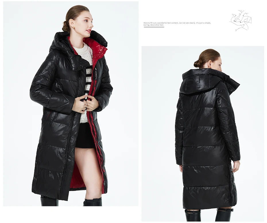 Women's long hooded winter parka by The Clothing Company Sydney, thick quilted puffer jacket with front pockets, warm and stylish.