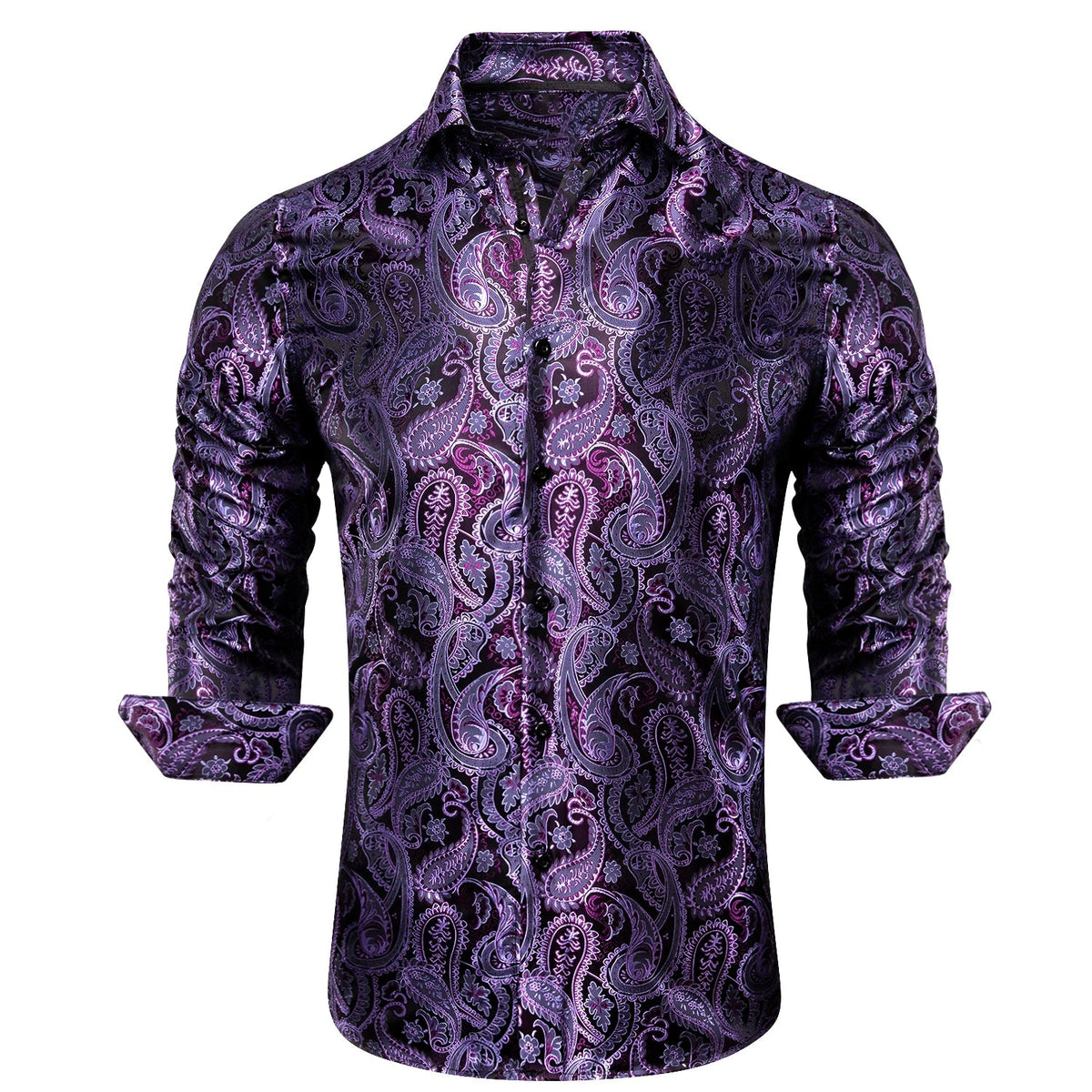 Gold and black men's silk shirt with paisley floral pattern, long sleeves, suitable for business, party, or wedding occasions.