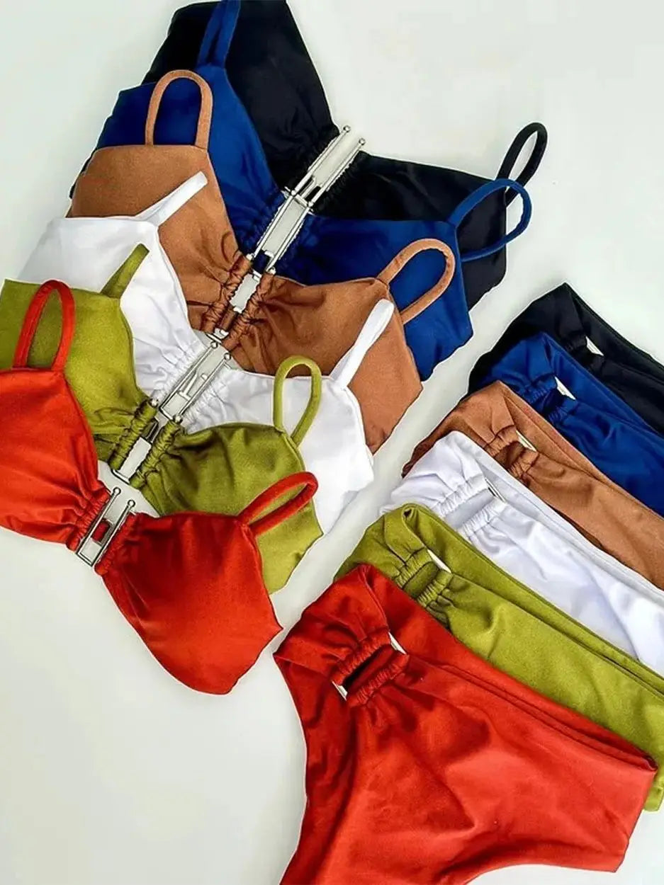 Two-piece bandeau bikini set with push-up design, solid color swimwear from The Clothing Company Sydney, ideal for beachwear.