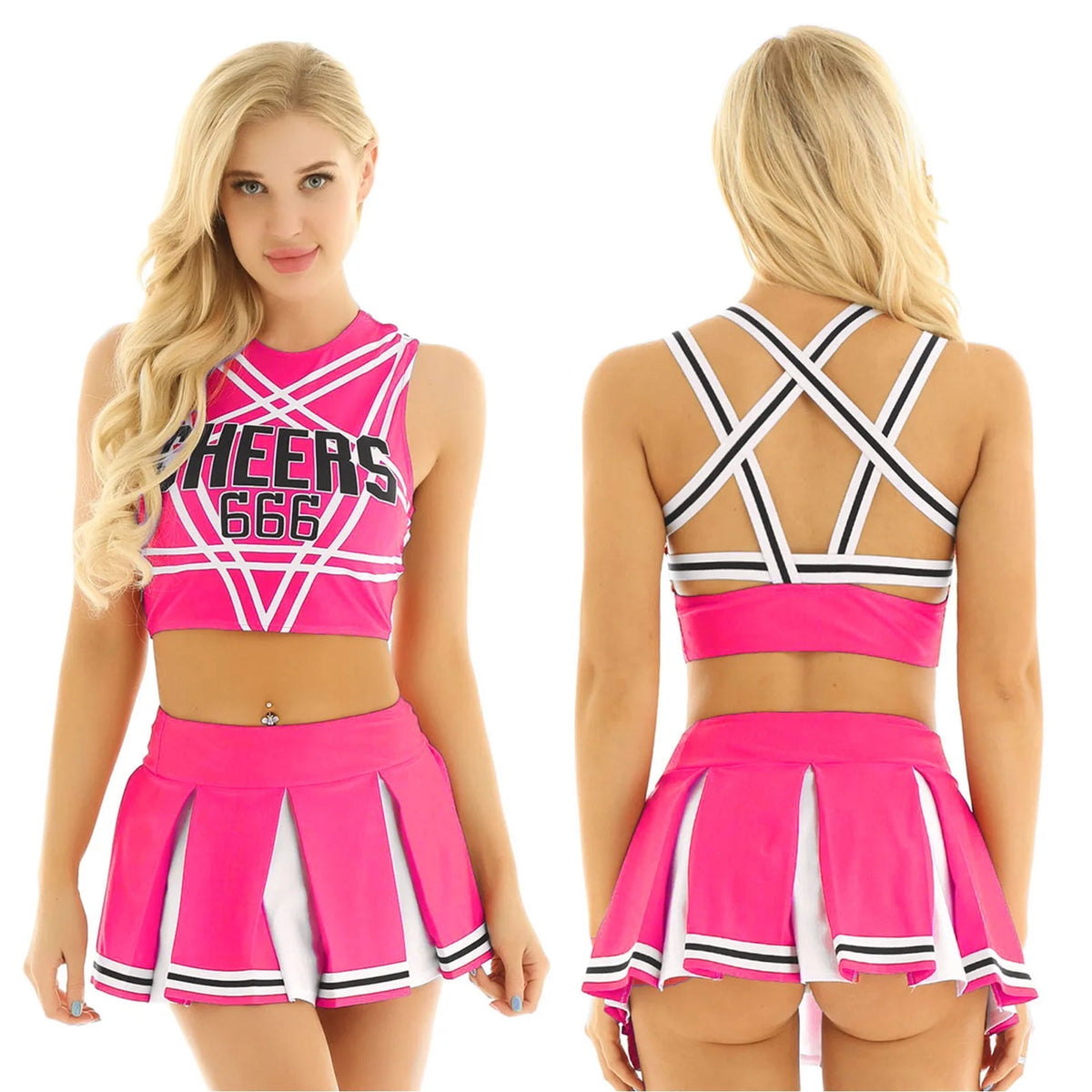 Women's cheerleader cosplay costume from The Clothing Company Sydney, featuring a stand collar crop top and mini pleated skirt.