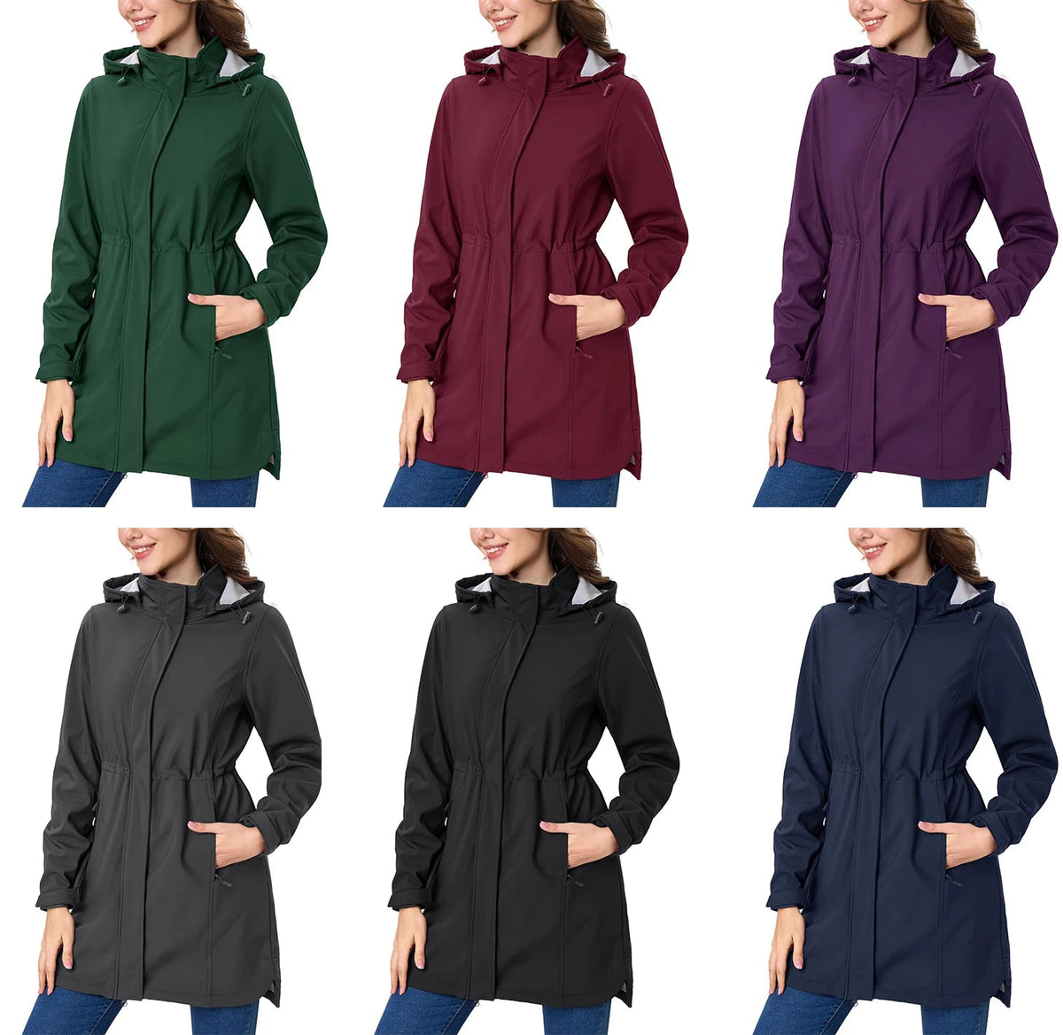 Womens long fleece-lined softshell jacket with hood, windproof raincoat by The Clothing Company Sydney for outdoor winter warmth