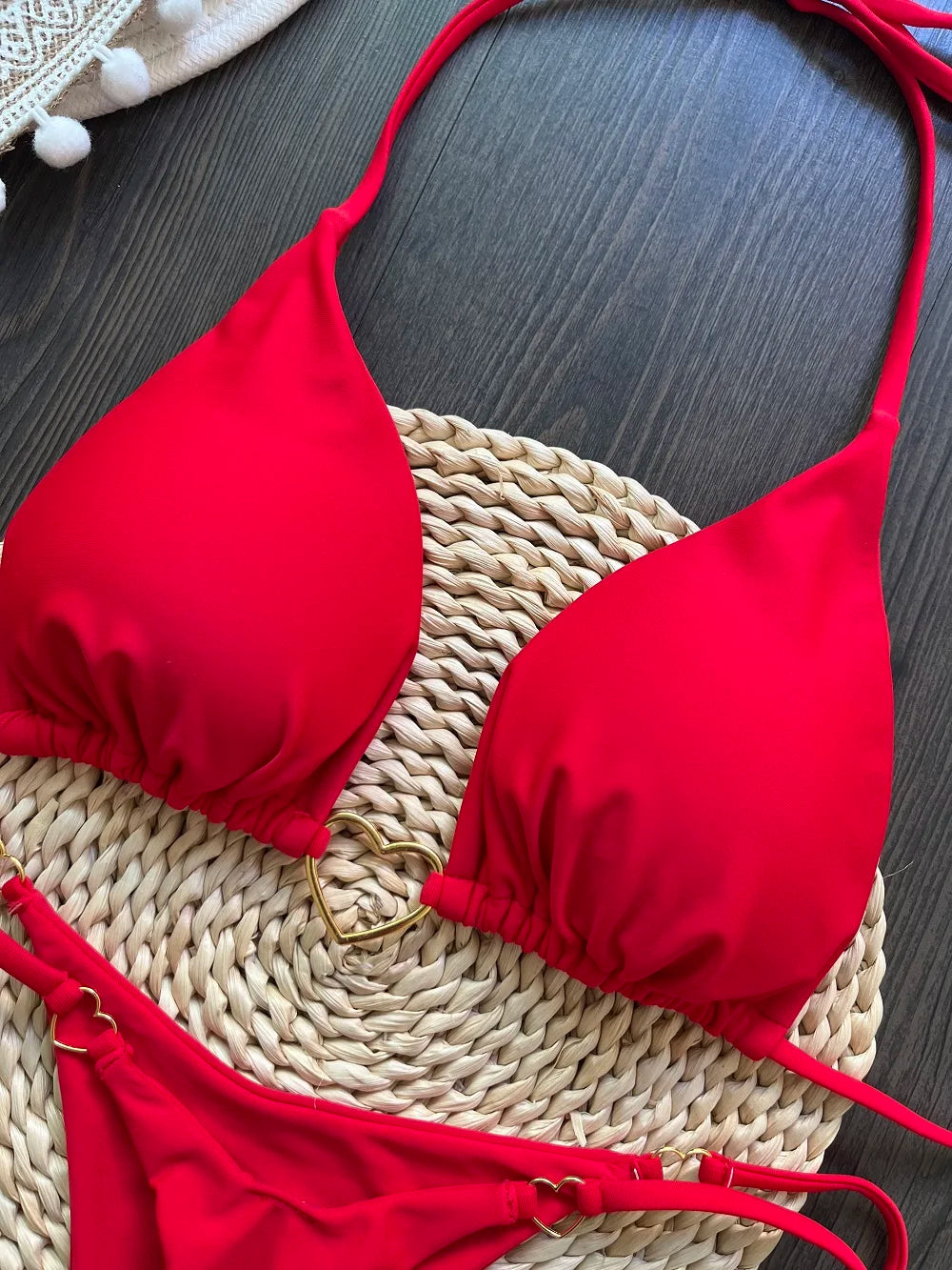 Solid color halter bikini set for women, two-piece swimsuit with triangle top and thong bottom, from The Clothing Company Sydney.