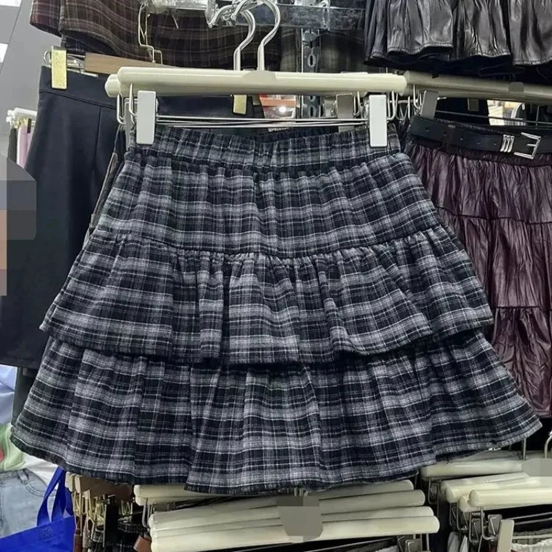 Y2k Cute Ruffled Plaid Skirt Punk Rock Casual Women's Skirts