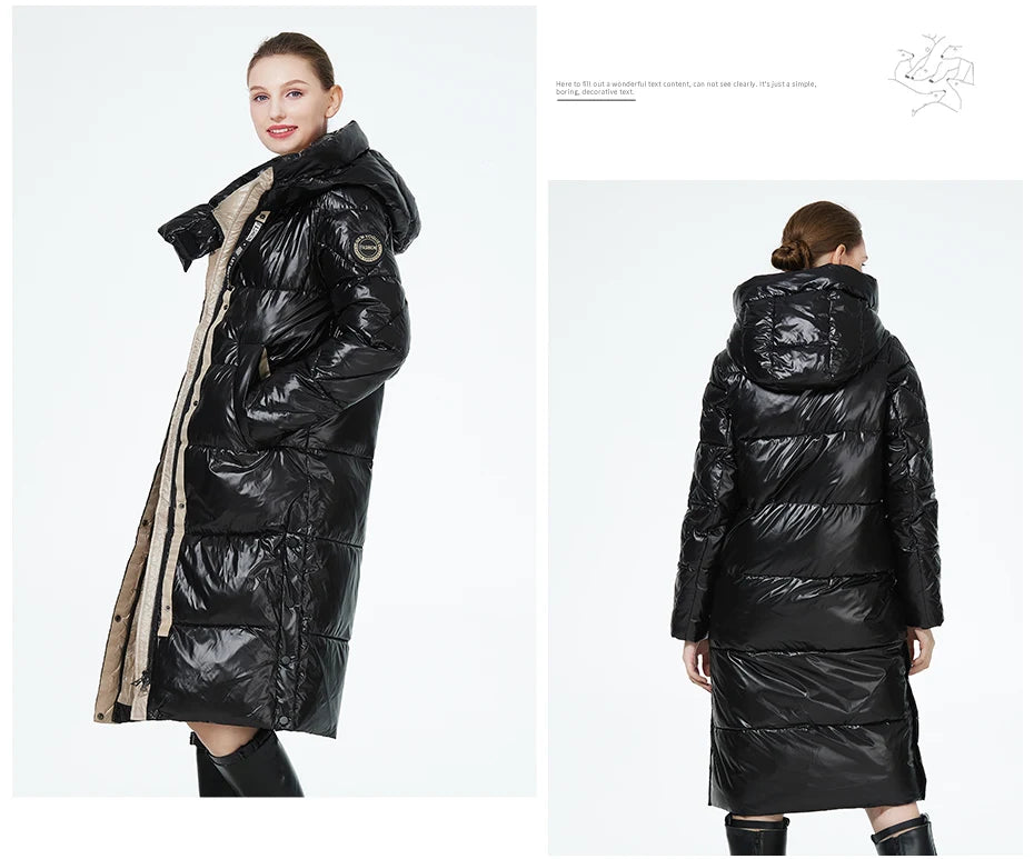 Women’s long hooded winter parka by The Clothing Company Sydney, thick quilted puffer jacket with front pockets.