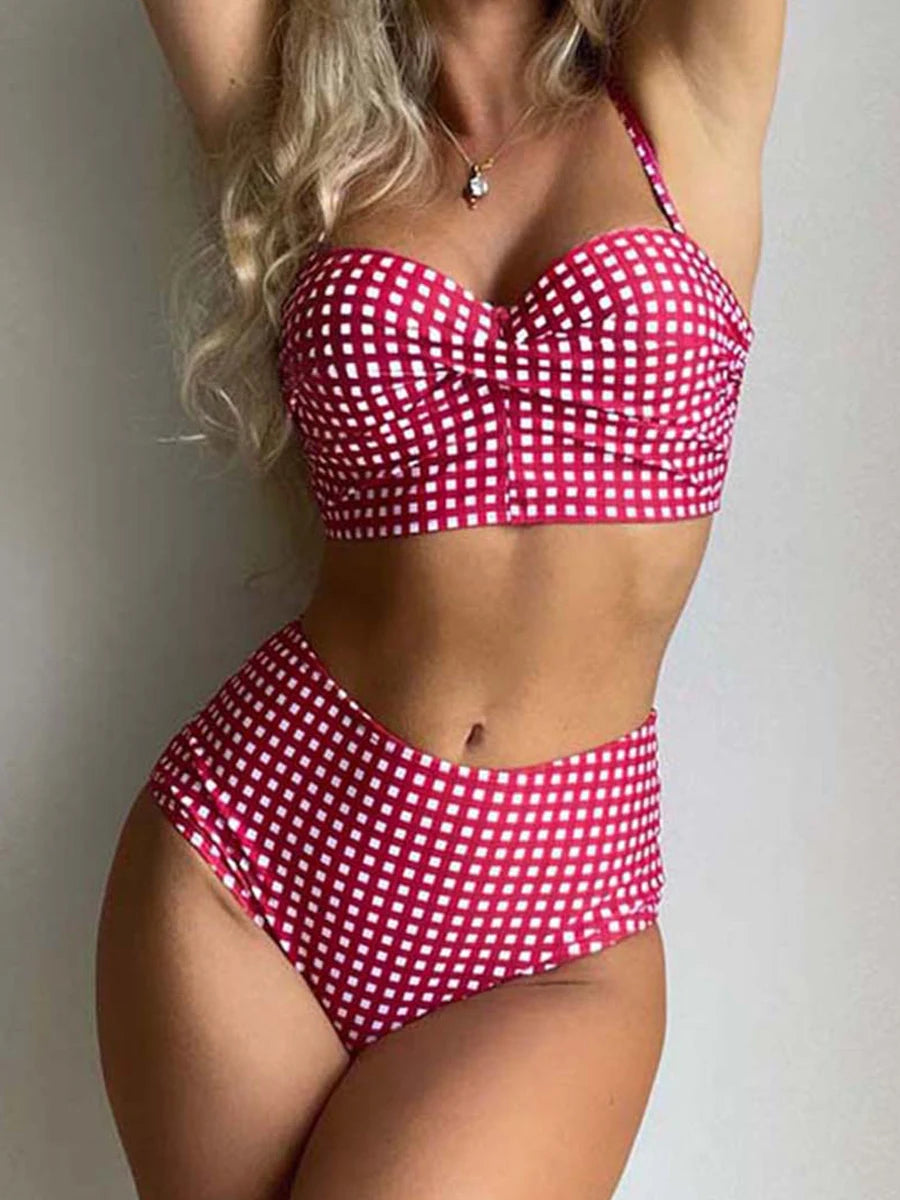 High waist printed swimsuit with straps and padding from The Clothing Company Sydney, ideal for beachwear and swimming.